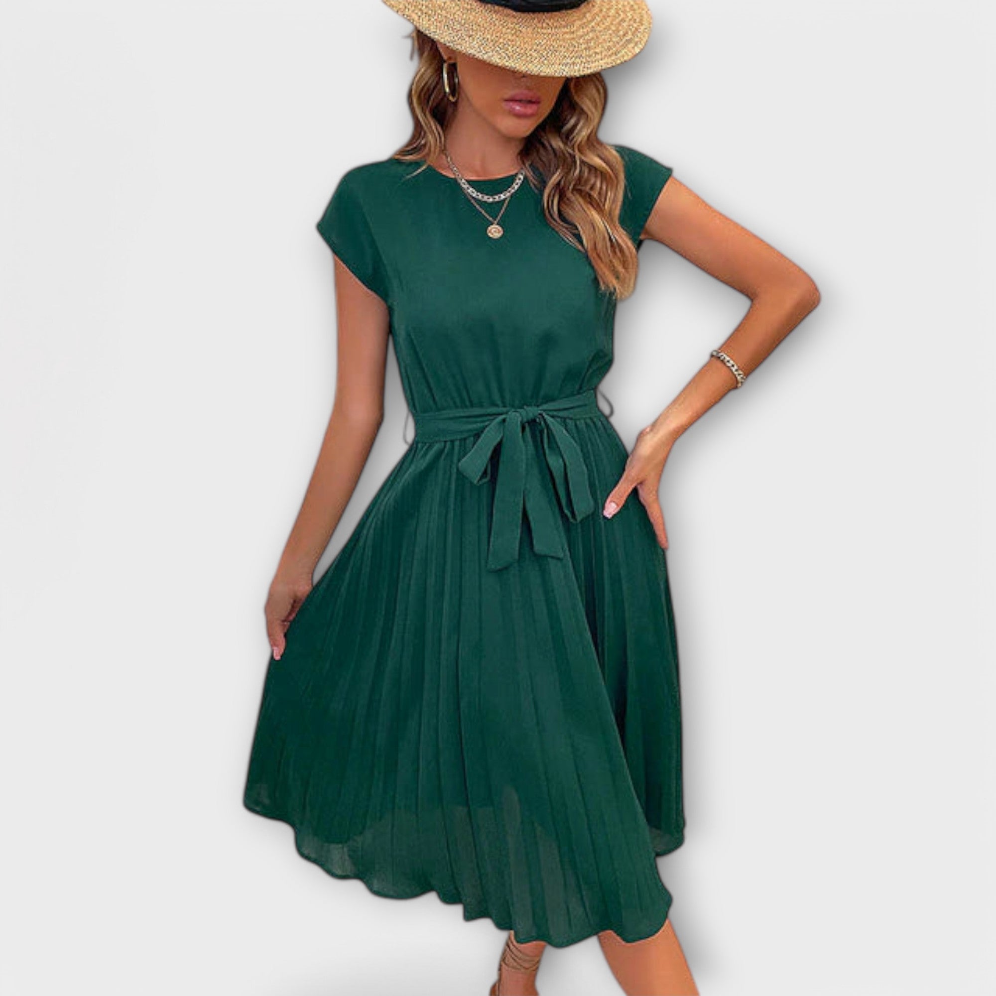 Ana - Vestido corto de manga corta plisado y casual