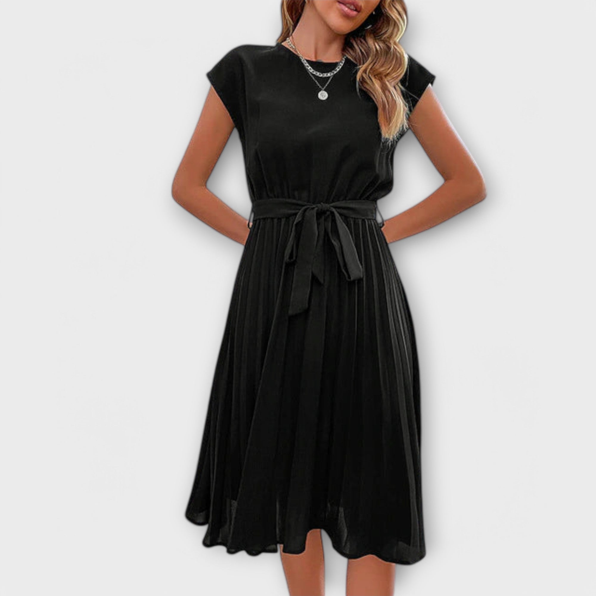 Ana - Vestido corto de manga corta plisado y casual