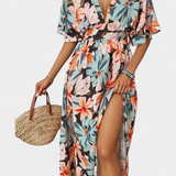 Elena - Vestido largo con estampado floral y escote cruzado