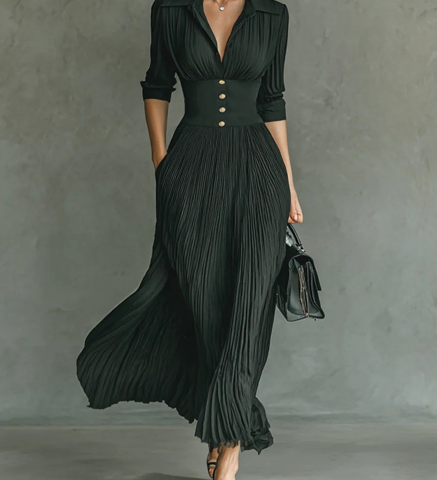 Elvira -  Vestido largo plisado con solapa y cintura alta